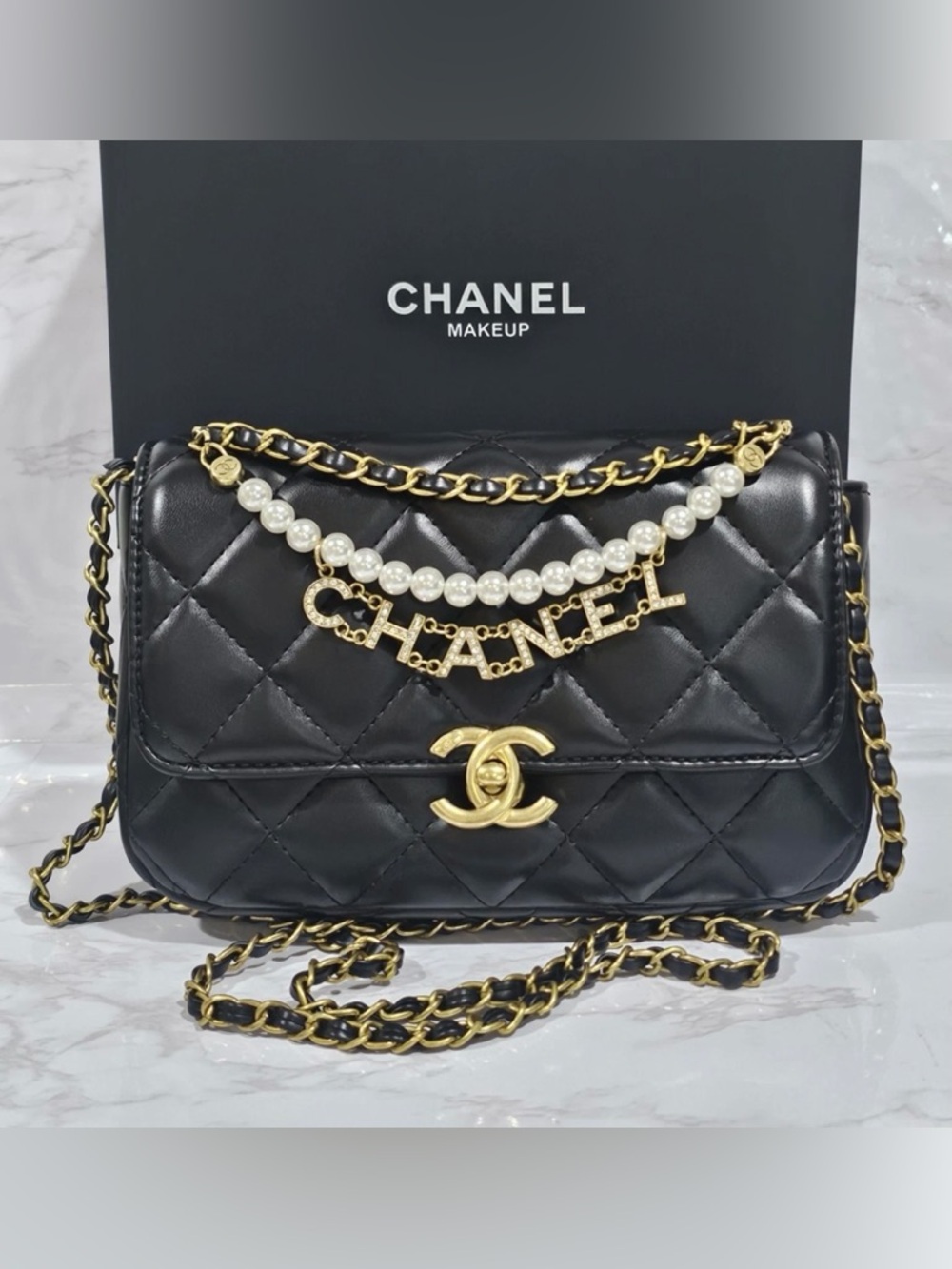 CHANEL VIP Beauty Gift Black Quilted Shoulder Bag with Gold Chain - Pearl Charm